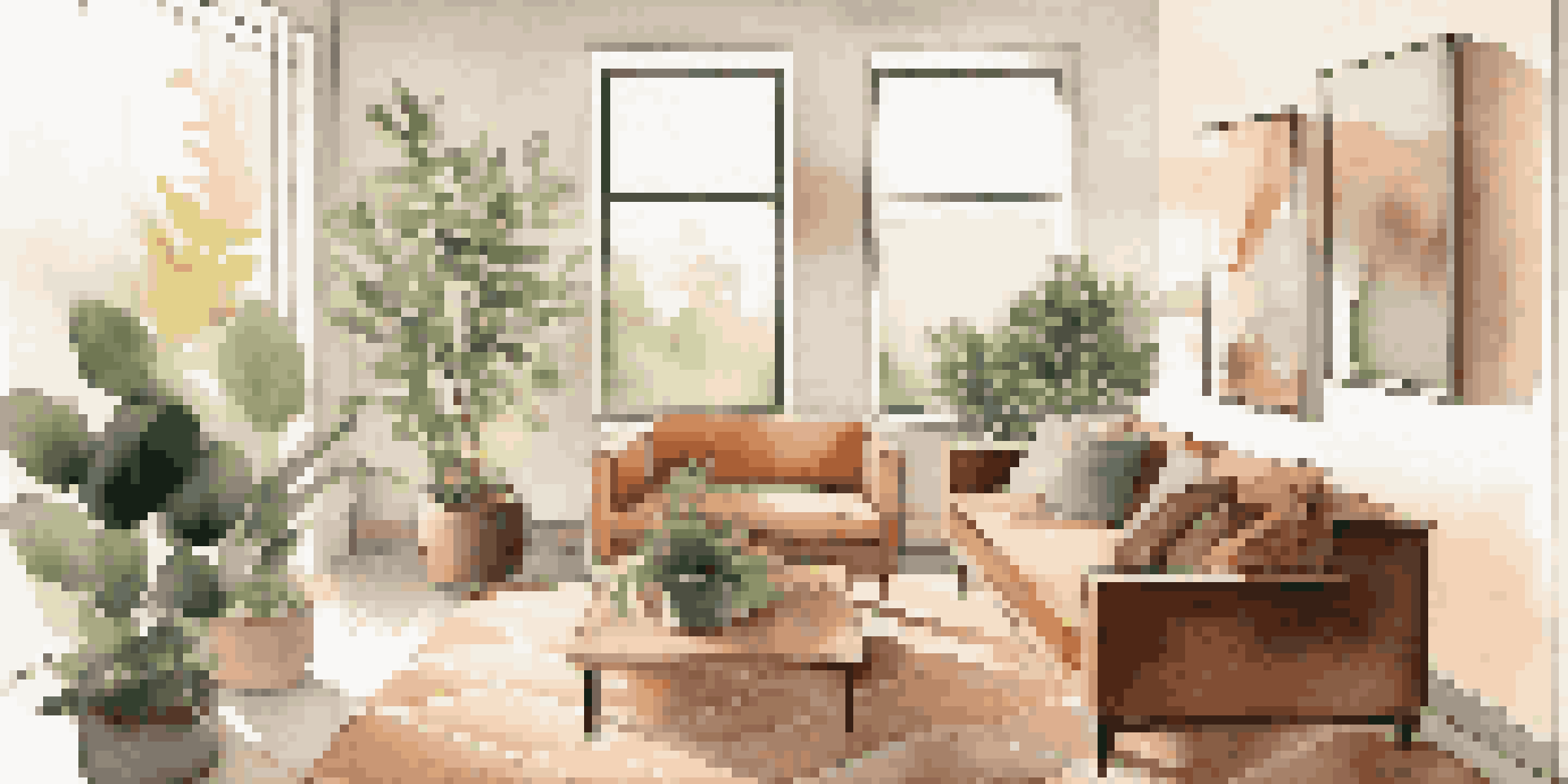 A bright and inviting modern living room with a sectional sofa, coffee table, and plants, illuminated by natural light.