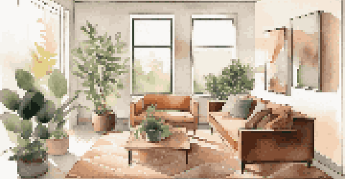 A bright and inviting modern living room with a sectional sofa, coffee table, and plants, illuminated by natural light.