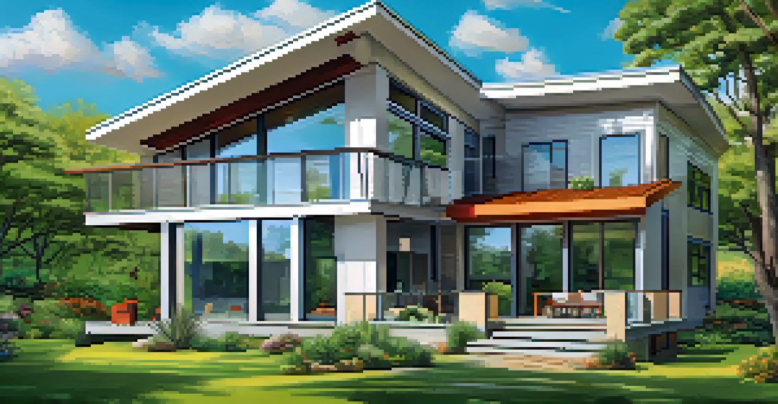 A modern house with solar panels and energy-efficient features surrounded by greenery under a clear blue sky.