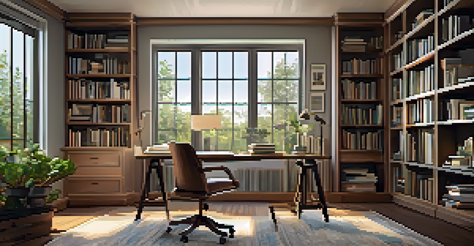 A stylish home office with a desk, ergonomic chair, built-in shelves, and a view of a garden through a large window.