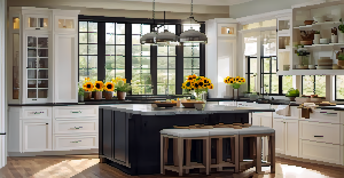 A bright, modern kitchen featuring white cabinets and a dark granite island, with sunlight streaming through large windows and a cozy breakfast nook.