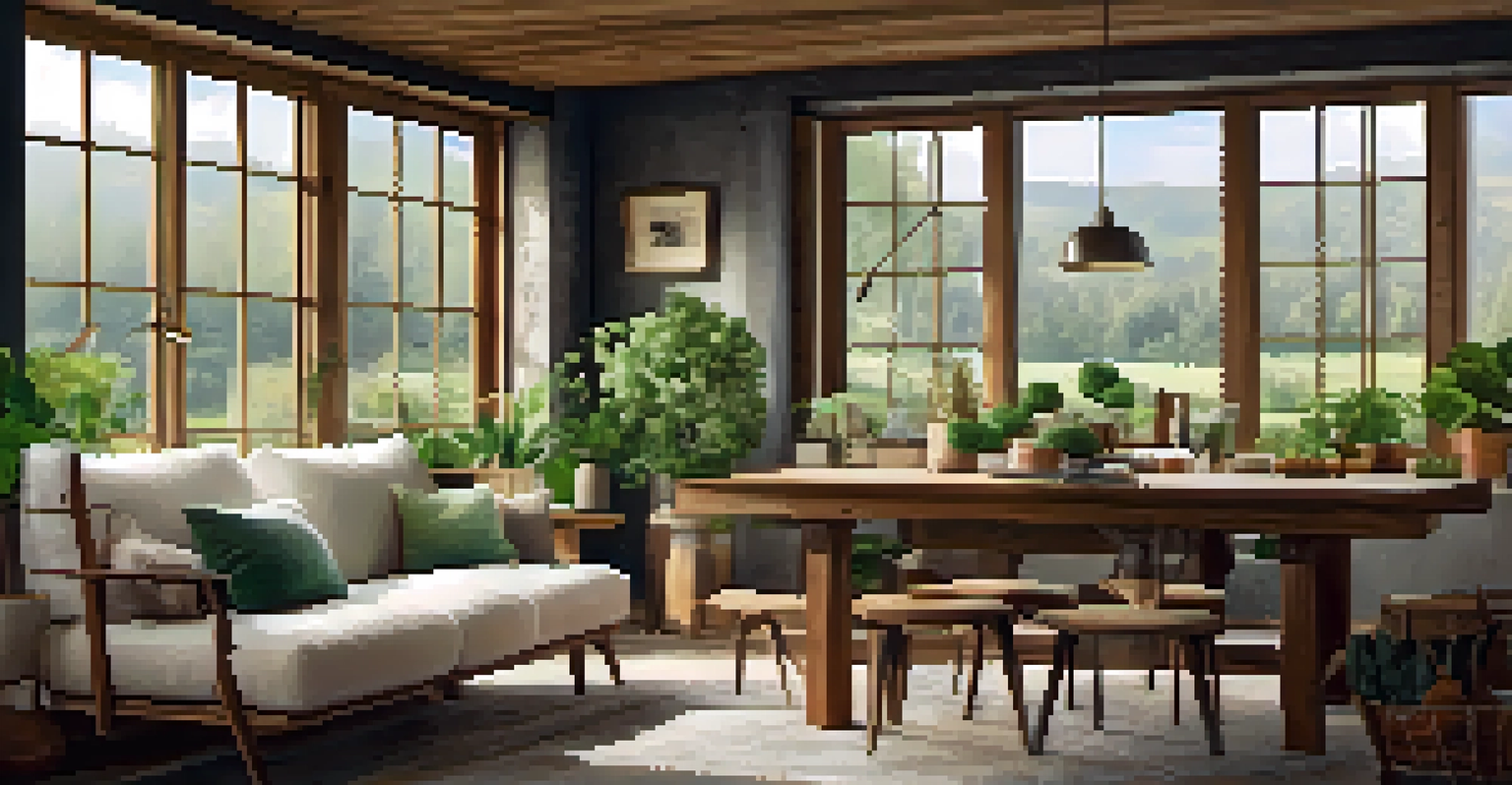 A cozy living room with sheep's wool insulation, reclaimed wood furniture, and abundant plants, illuminated by natural light.