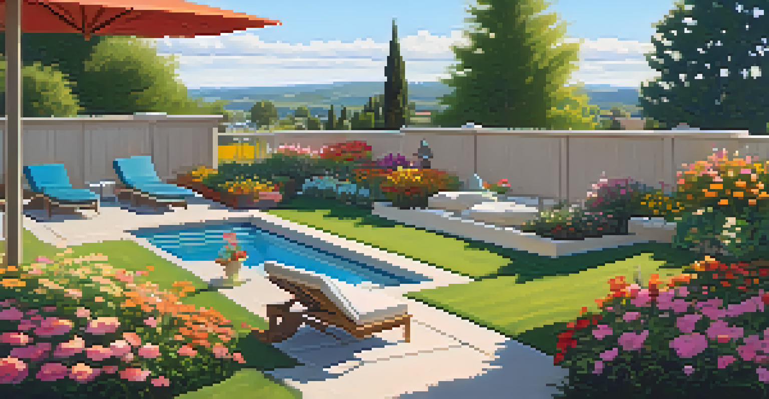 A serene suburban backyard with a garden, patio, and a person working on a laptop, enjoying the outdoors.