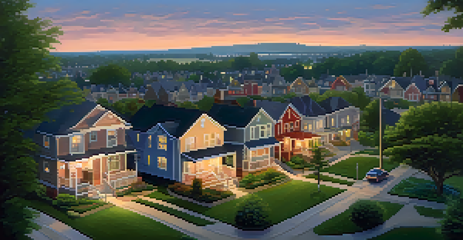 A serene suburban neighborhood with houses, green spaces, and a train station during sunset.
