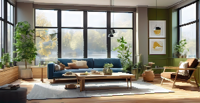 A cozy living room with large energy-efficient windows, bamboo flooring, and a smart thermostat, showcasing a sustainable and inviting atmosphere.