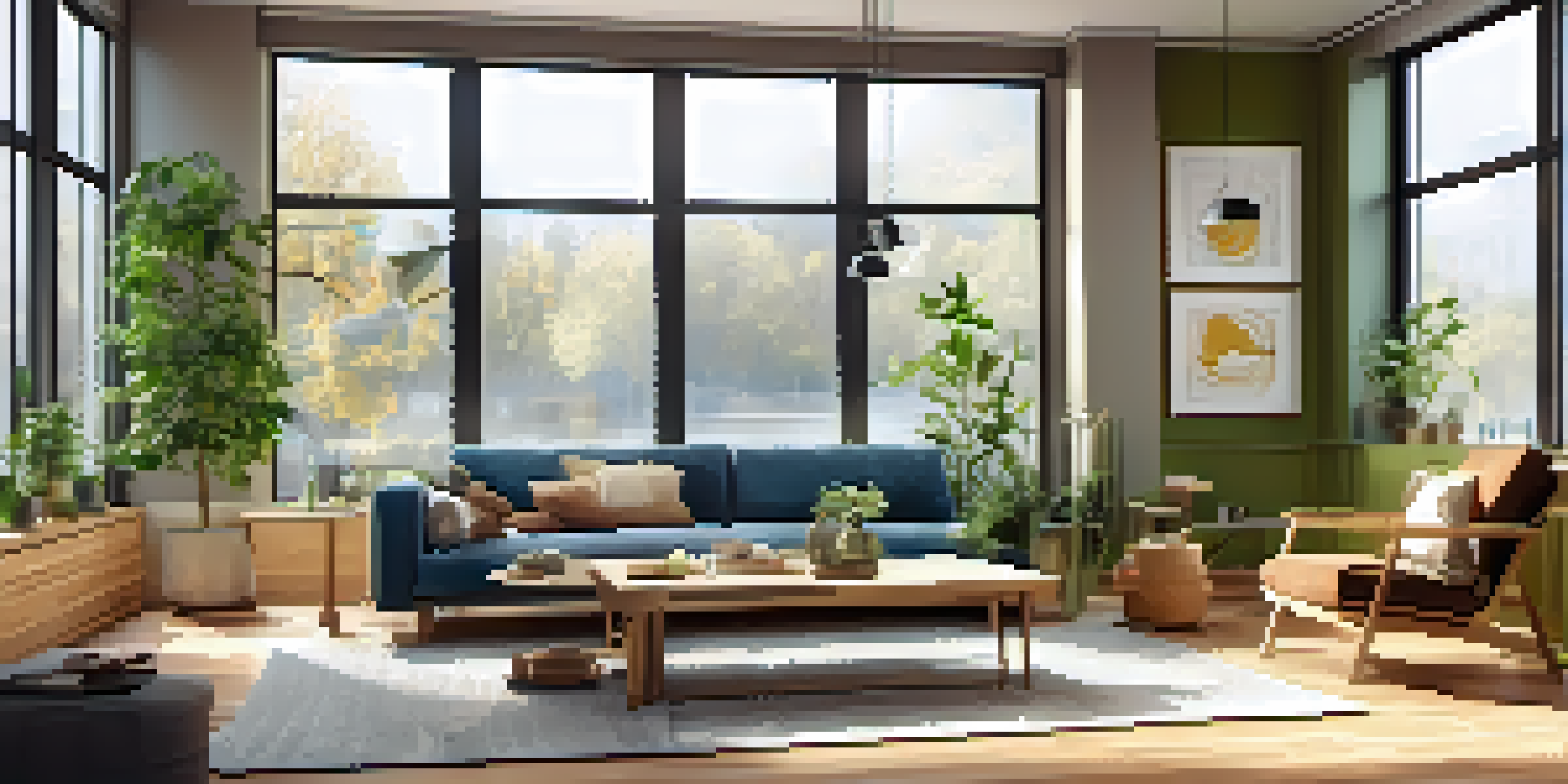 A cozy living room with large energy-efficient windows, bamboo flooring, and a smart thermostat, showcasing a sustainable and inviting atmosphere.