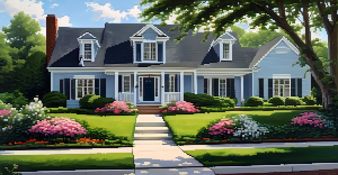 A single-family home in a suburban neighborhood with a well-kept lawn and colorful flowers under a blue sky.