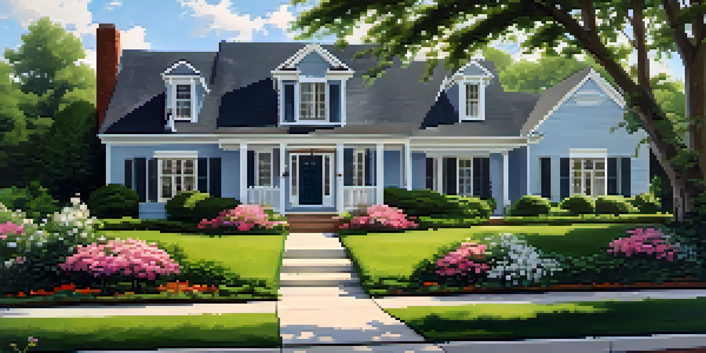 A single-family home in a suburban neighborhood with a well-kept lawn and colorful flowers under a blue sky.