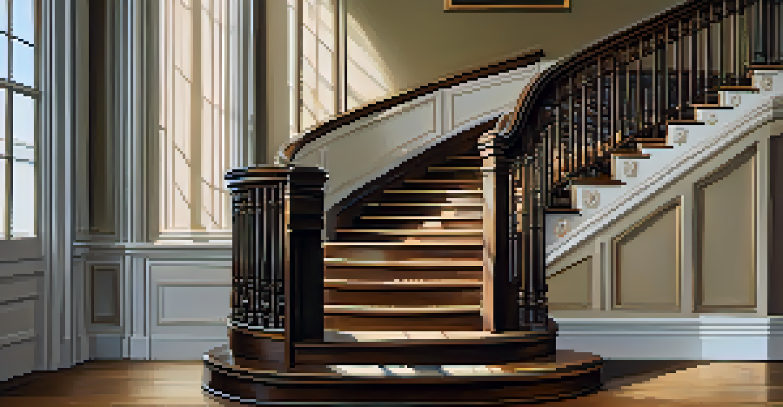 A historic staircase with intricate banister details and polished wood steps, captured from a low angle with warm lighting.