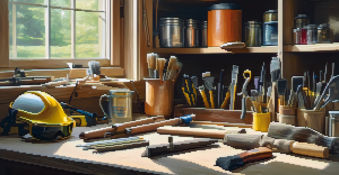 A bright and organized workspace for home renovations, showcasing tools on a workbench and personal protective equipment for safety.