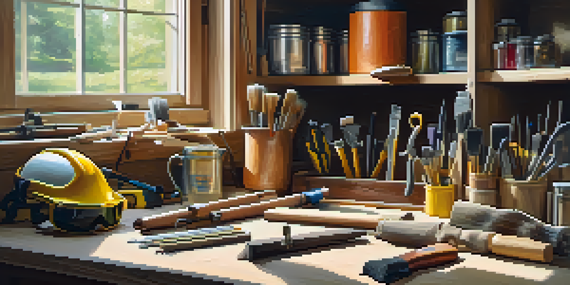A bright and organized workspace for home renovations, showcasing tools on a workbench and personal protective equipment for safety.