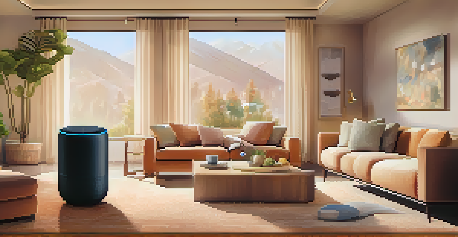 A person interacting with a smart speaker in a beautifully decorated living room, with smart lights adjusting in response to voice commands.