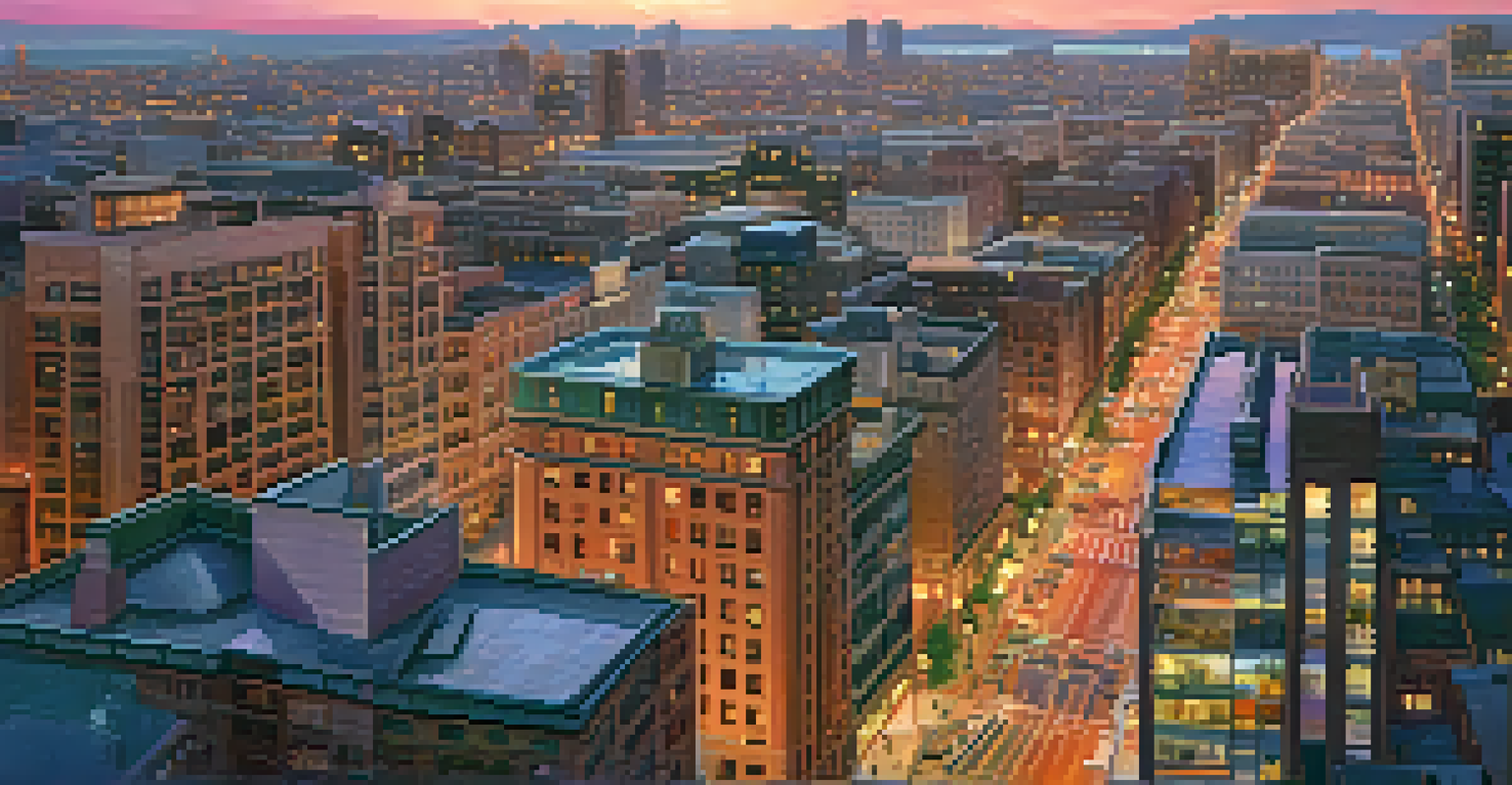 Aerial view of a vibrant cityscape at sunset with colorful skies and illuminated streets.