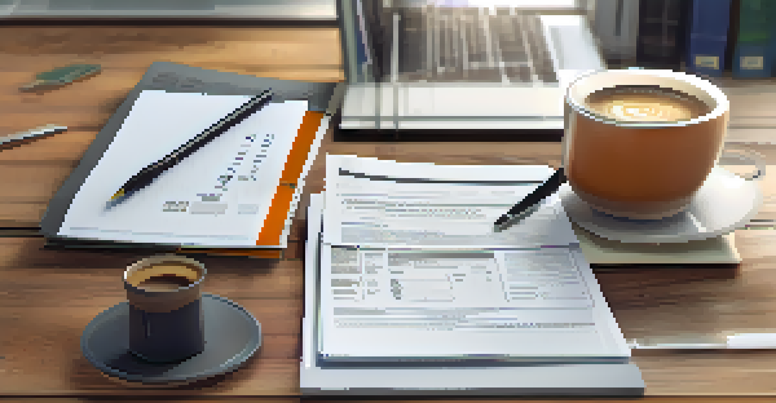 A neatly organized folder with property documents on a wooden table, accompanied by a laptop and a cup of coffee.