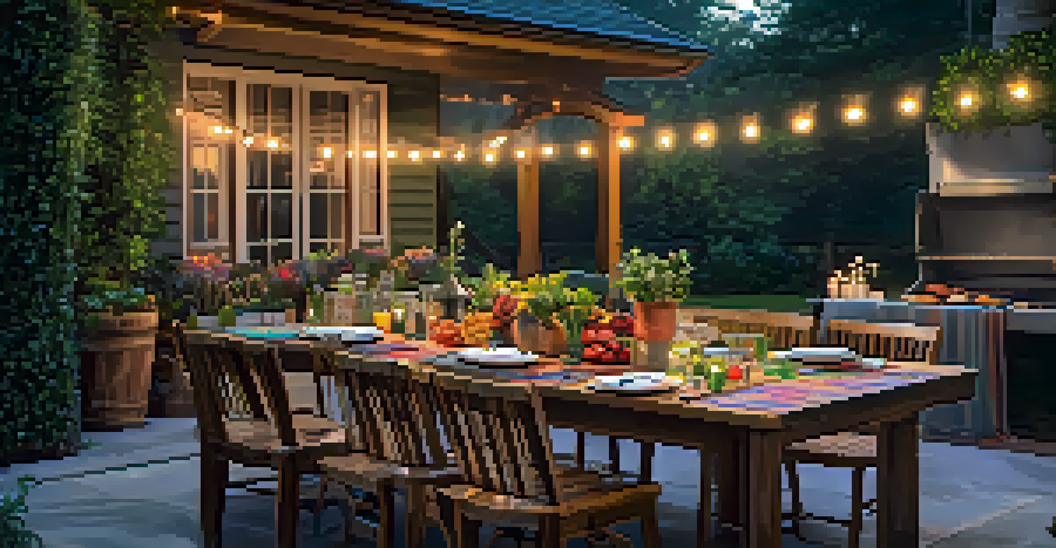An outdoor dining area with a wooden table set for a family gathering, surrounded by greenery and illuminated by string lights.