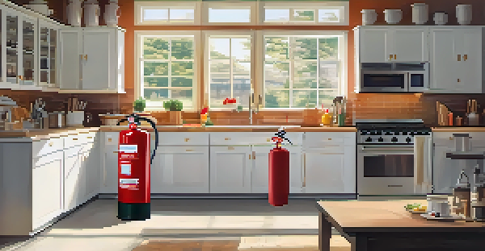 A bright kitchen with a mounted Class K fire extinguisher on the wall, emphasizing fire safety.