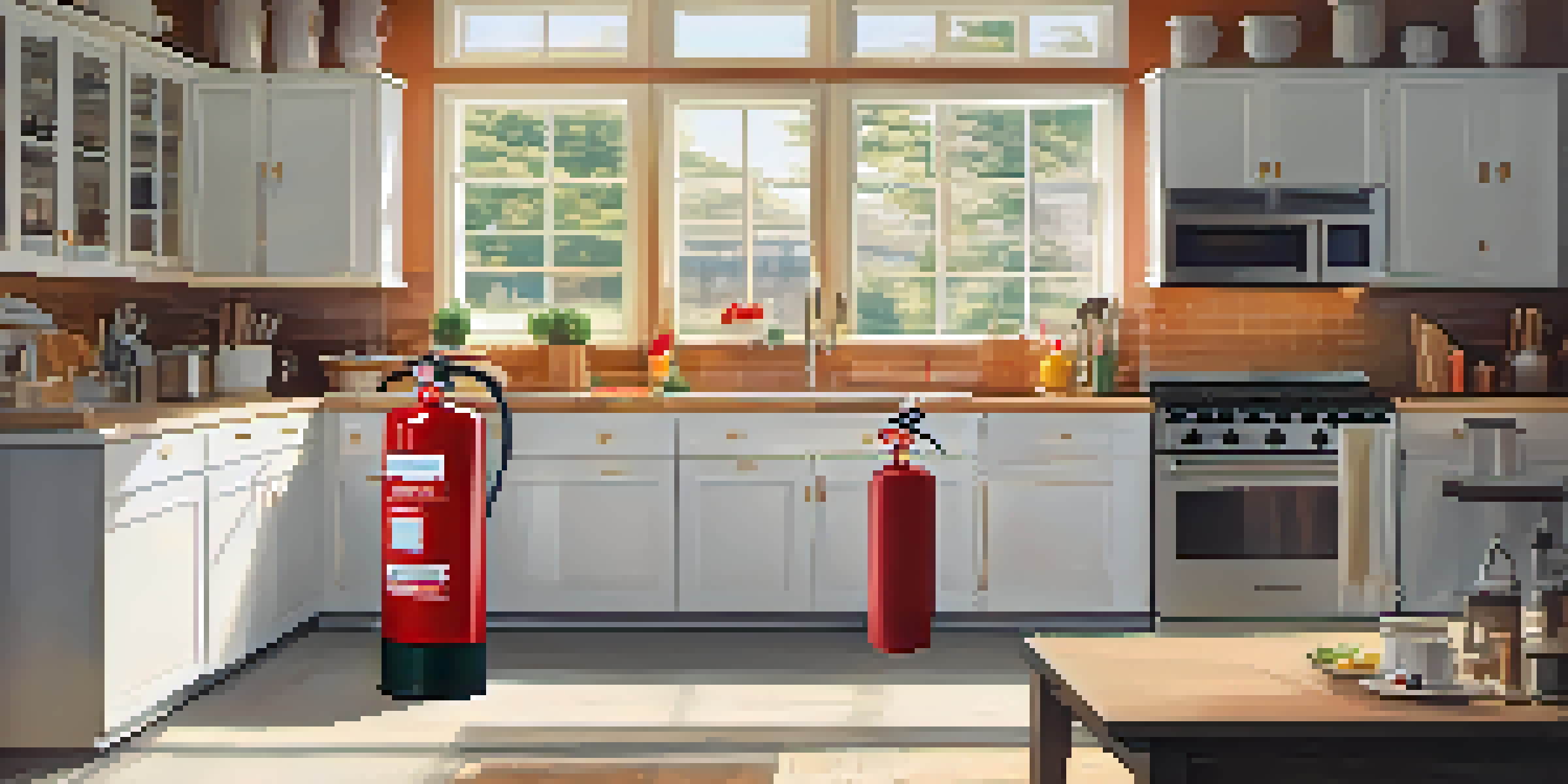 A bright kitchen with a mounted Class K fire extinguisher on the wall, emphasizing fire safety.
