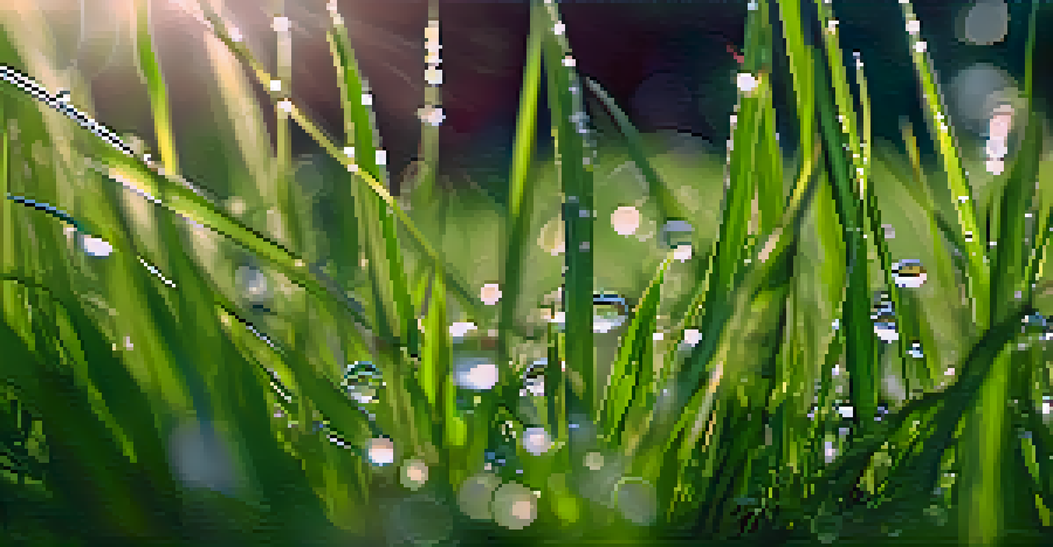 Close-up of healthy green grass blades with dew drops sparkling in the sunlight, with a blurred background of blooming flowers.