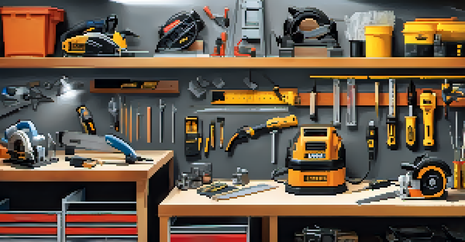 An organized workshop workspace showcasing power tools and safety gear.