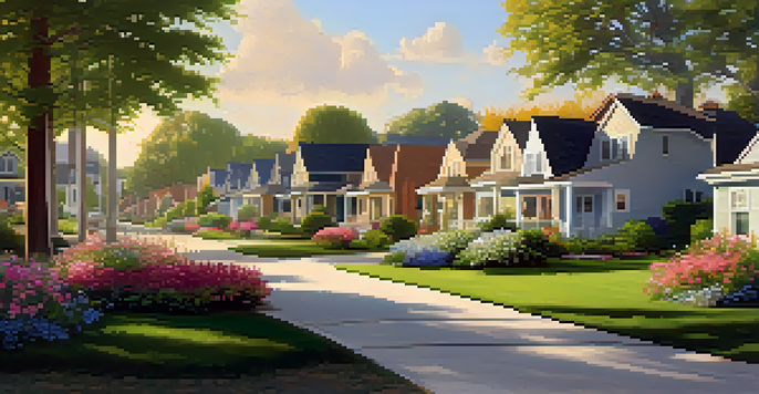 A serene suburban neighborhood featuring attractive homes, manicured lawns, and vibrant flower gardens bathed in warm evening light.