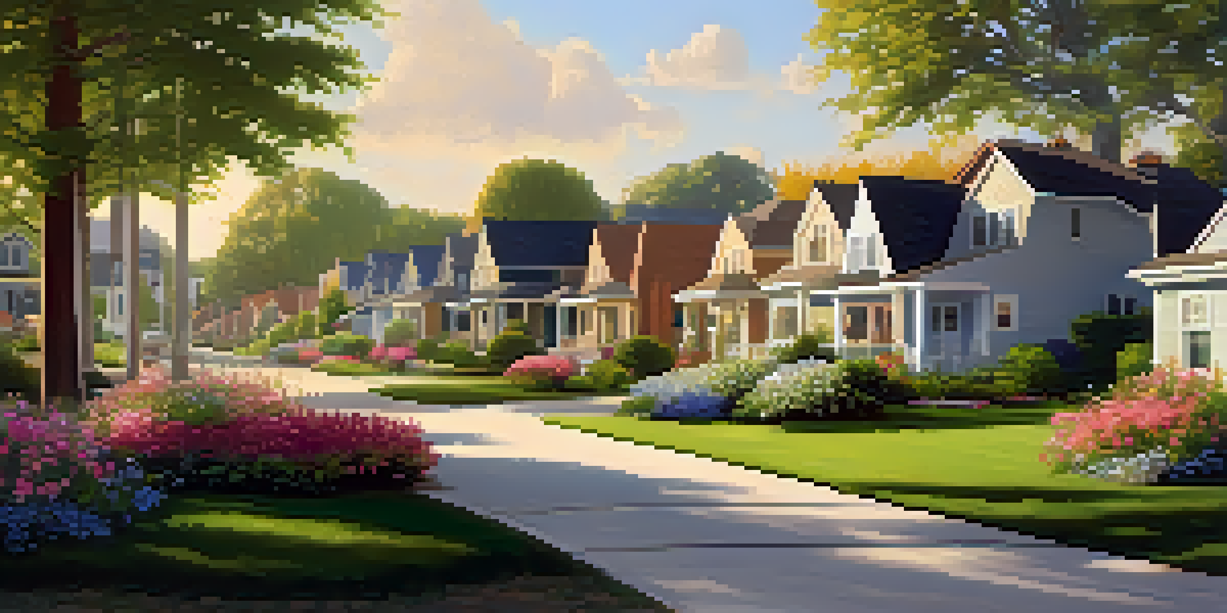 A serene suburban neighborhood featuring attractive homes, manicured lawns, and vibrant flower gardens bathed in warm evening light.