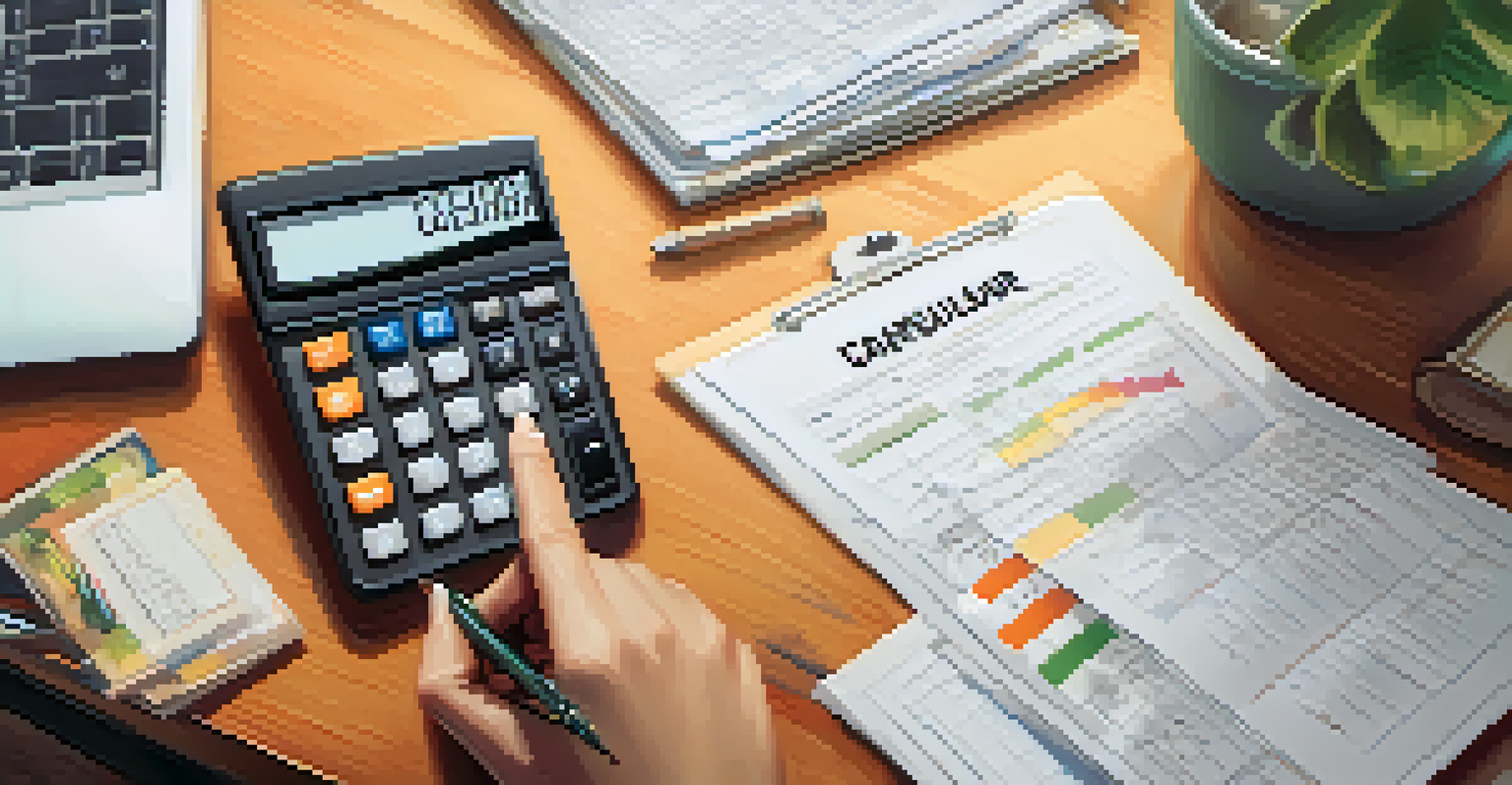 A close-up of a hand holding a calculator with financial documents in the background.