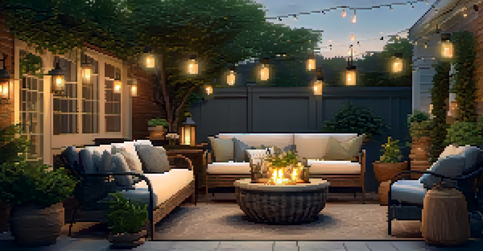 A cozy outdoor seating area with wicker furniture and soft lantern lighting, surrounded by greenery.