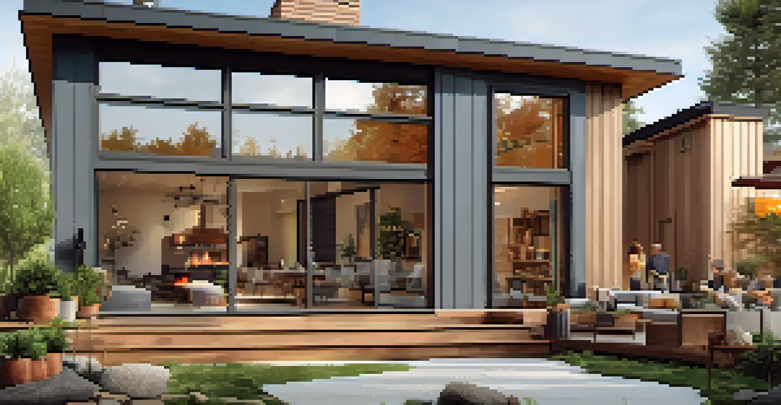 A multi-generational home with sustainable materials, large windows, and a patio where family members are enjoying a barbeque together.