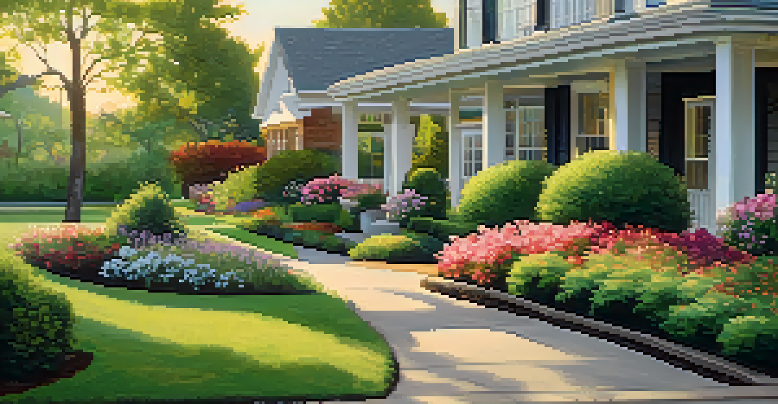 A detailed view of a landscaped front yard with colorful flowers, a paved walkway, and a decorative mailbox in the morning light.