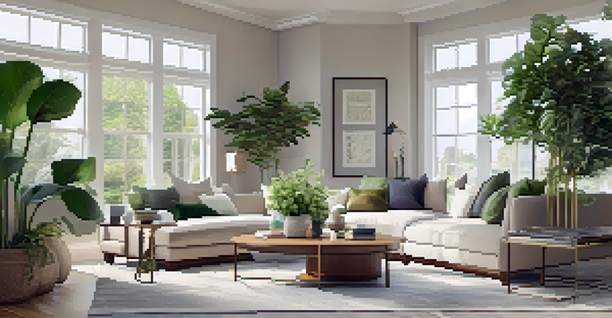 A modern living room with a sectional sofa, glass coffee table, and natural light from large windows, decorated with plants.