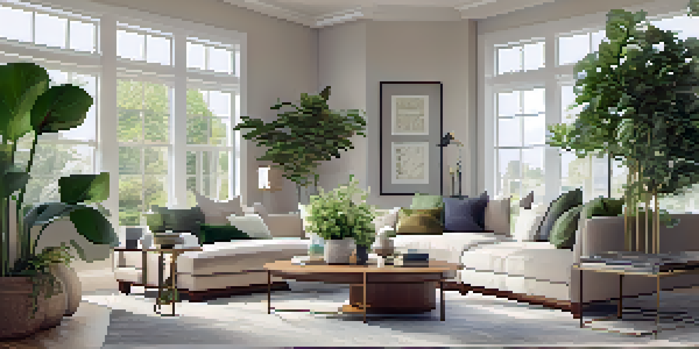 A modern living room with a sectional sofa, glass coffee table, and natural light from large windows, decorated with plants.