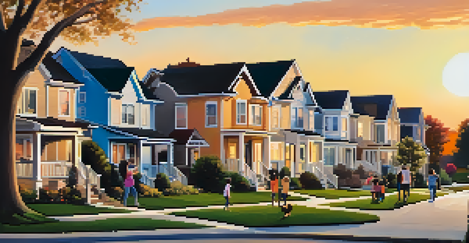 A suburban neighborhood at sunset with families outdoors and 'For Rent' signs in front of houses.