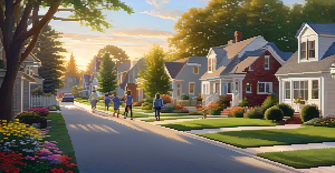A suburban neighborhood at sunset, featuring diverse homes, families playing, and trees lining the street.