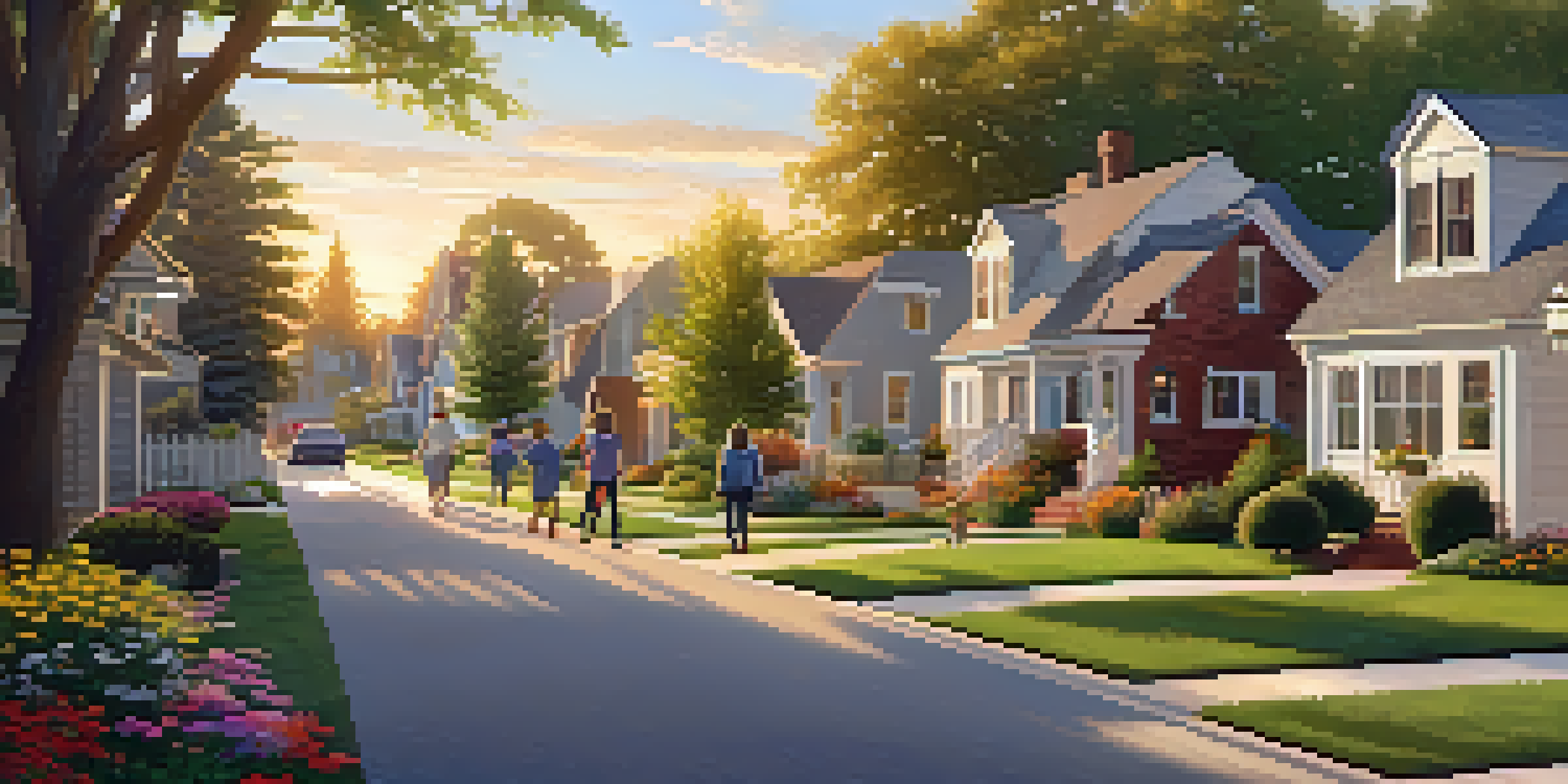A suburban neighborhood at sunset, featuring diverse homes, families playing, and trees lining the street.