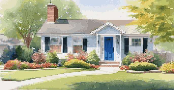 A sunny suburban front yard with a well-kept lawn, vibrant flowers, and a freshly painted door.