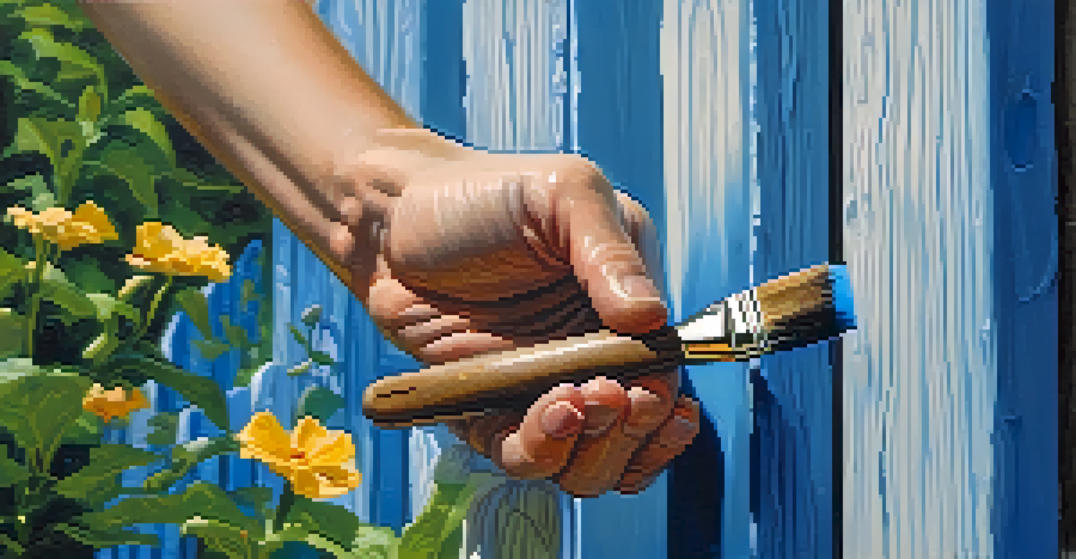 A hand painting a wooden fence with a blue paintbrush, with a vibrant garden in the background.