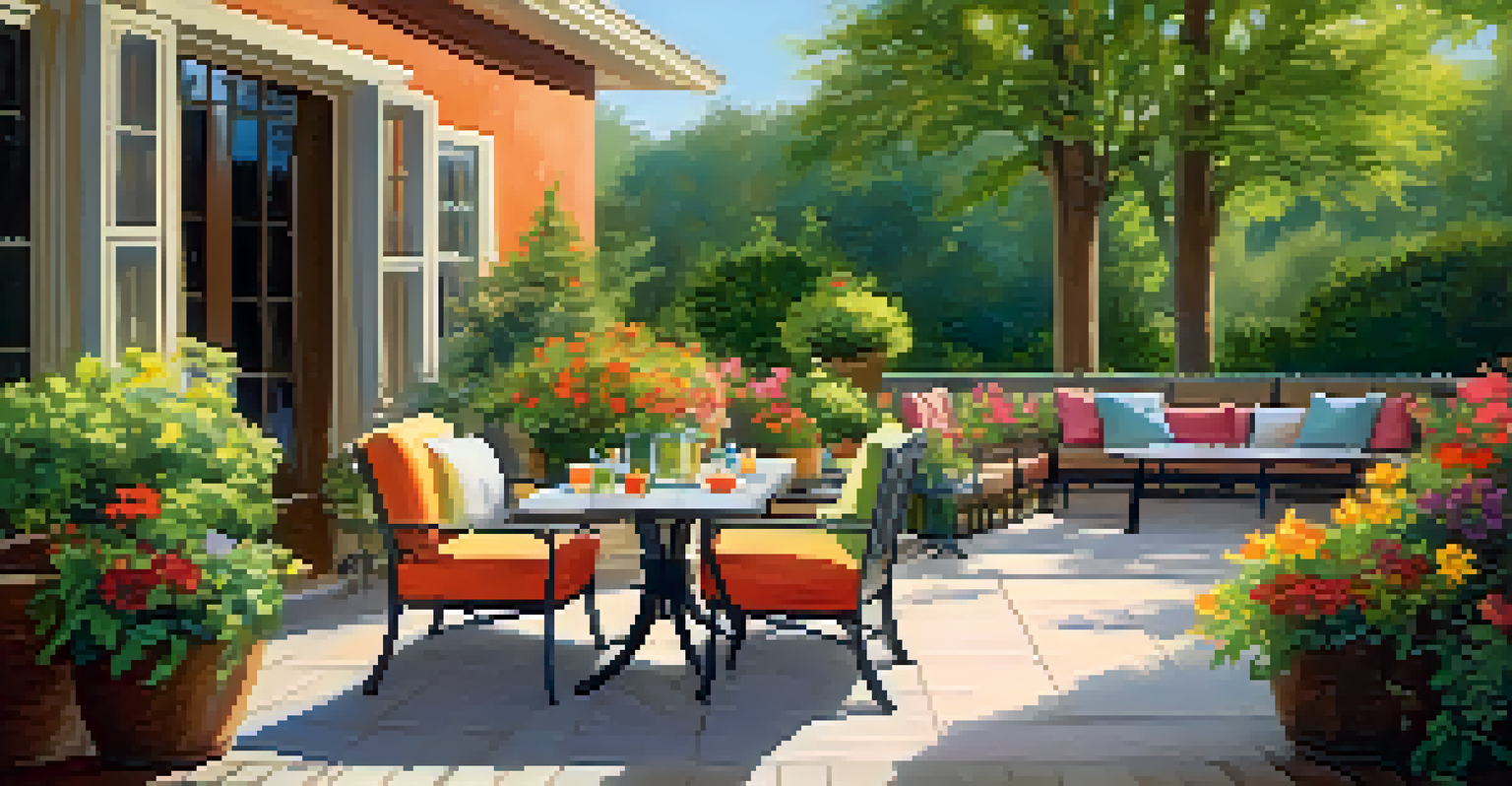 A serene outdoor patio with comfortable seating and surrounded by greenery.