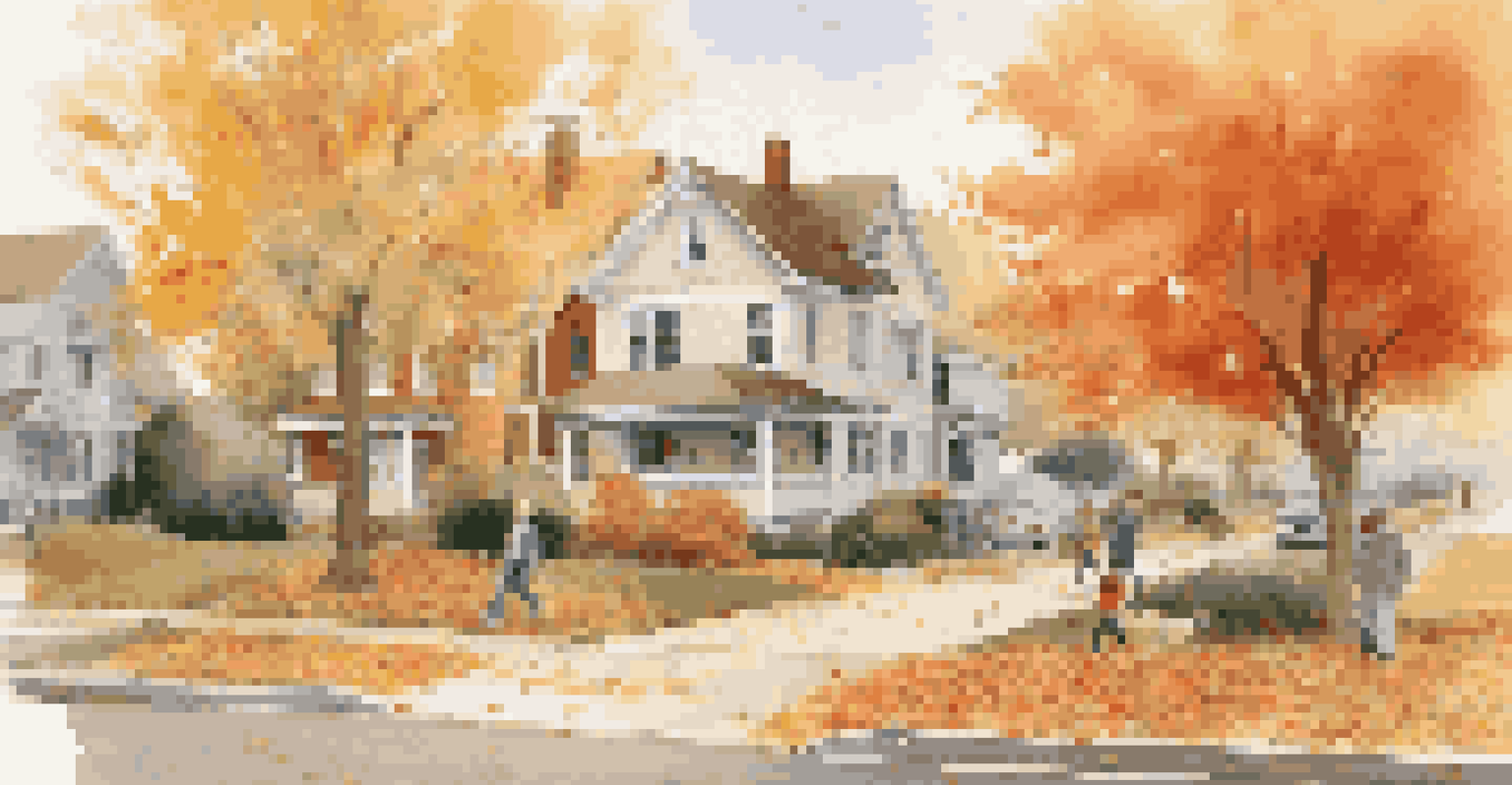A suburban neighborhood in autumn with falling leaves, houses, and people enjoying the outdoors.