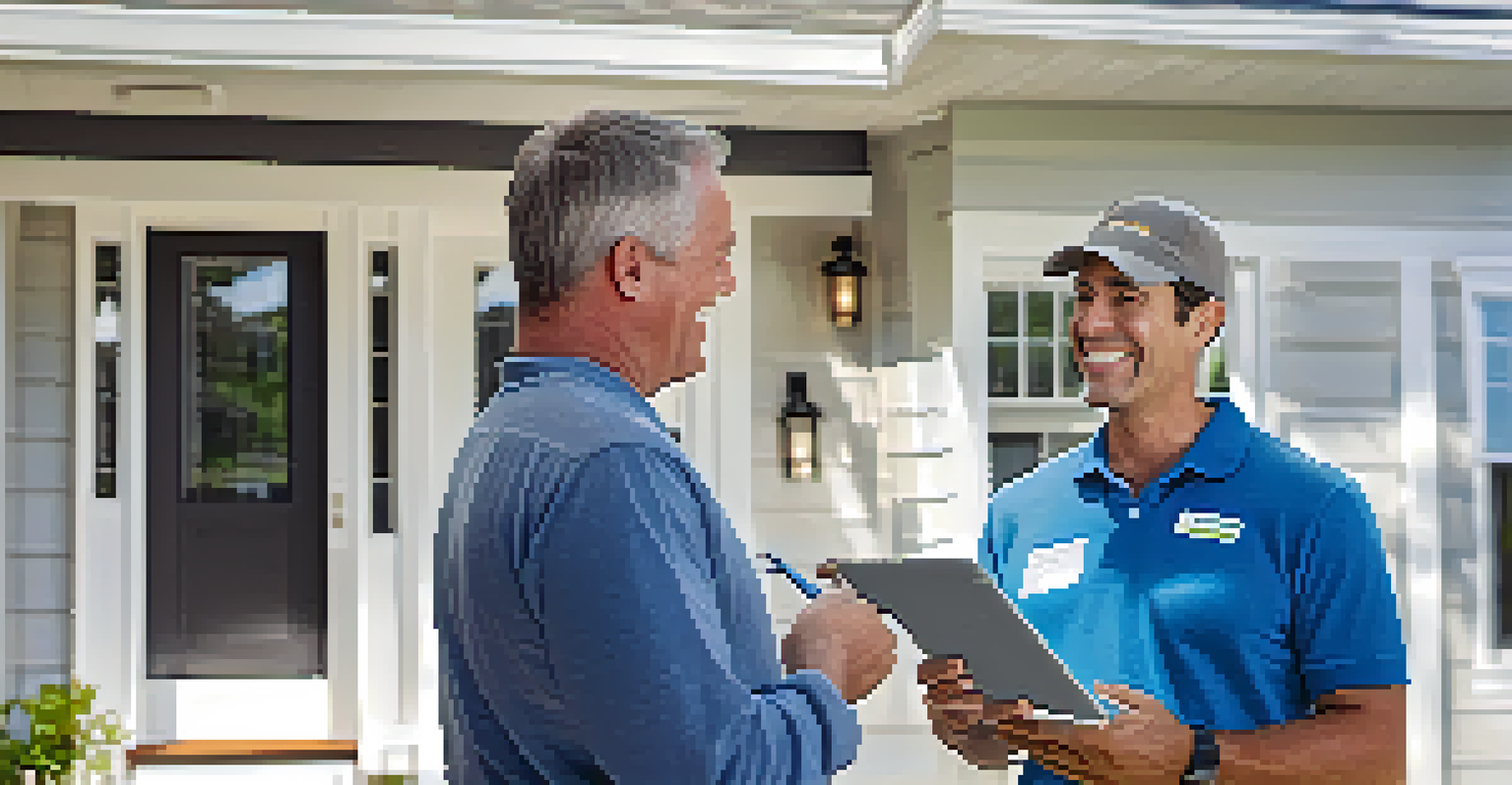 A contractor and a homeowner discussing project feedback outside a beautifully renovated home.