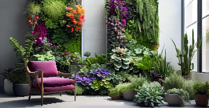 A vertical garden with colorful plants against a white wall, sunlight shining through the leaves.