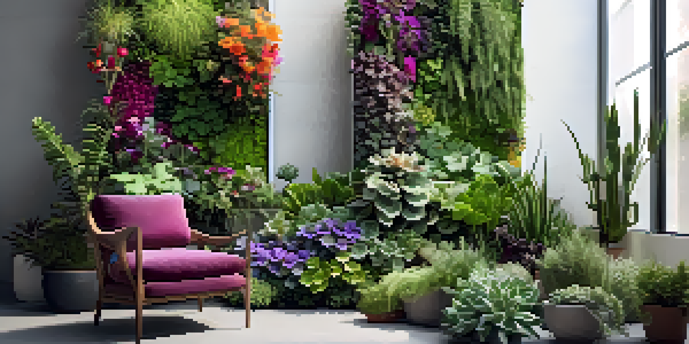 A vertical garden with colorful plants against a white wall, sunlight shining through the leaves.