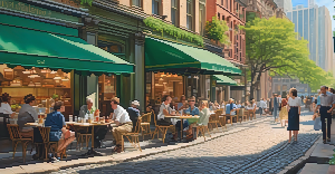 A lively urban street with a mix of modern and historic buildings, an outdoor café, and people enjoying their time in a sunlit setting.