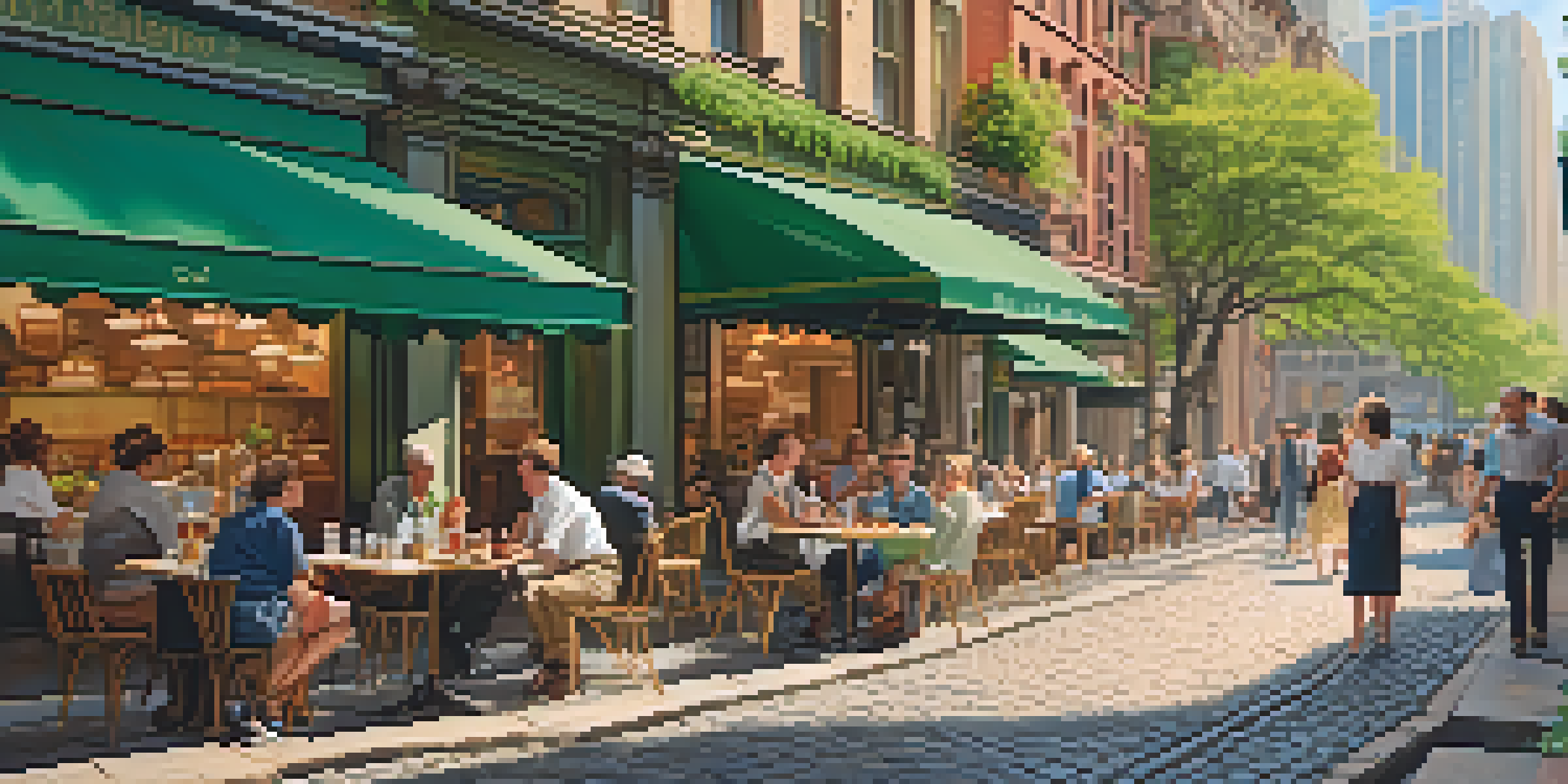 A lively urban street with a mix of modern and historic buildings, an outdoor café, and people enjoying their time in a sunlit setting.