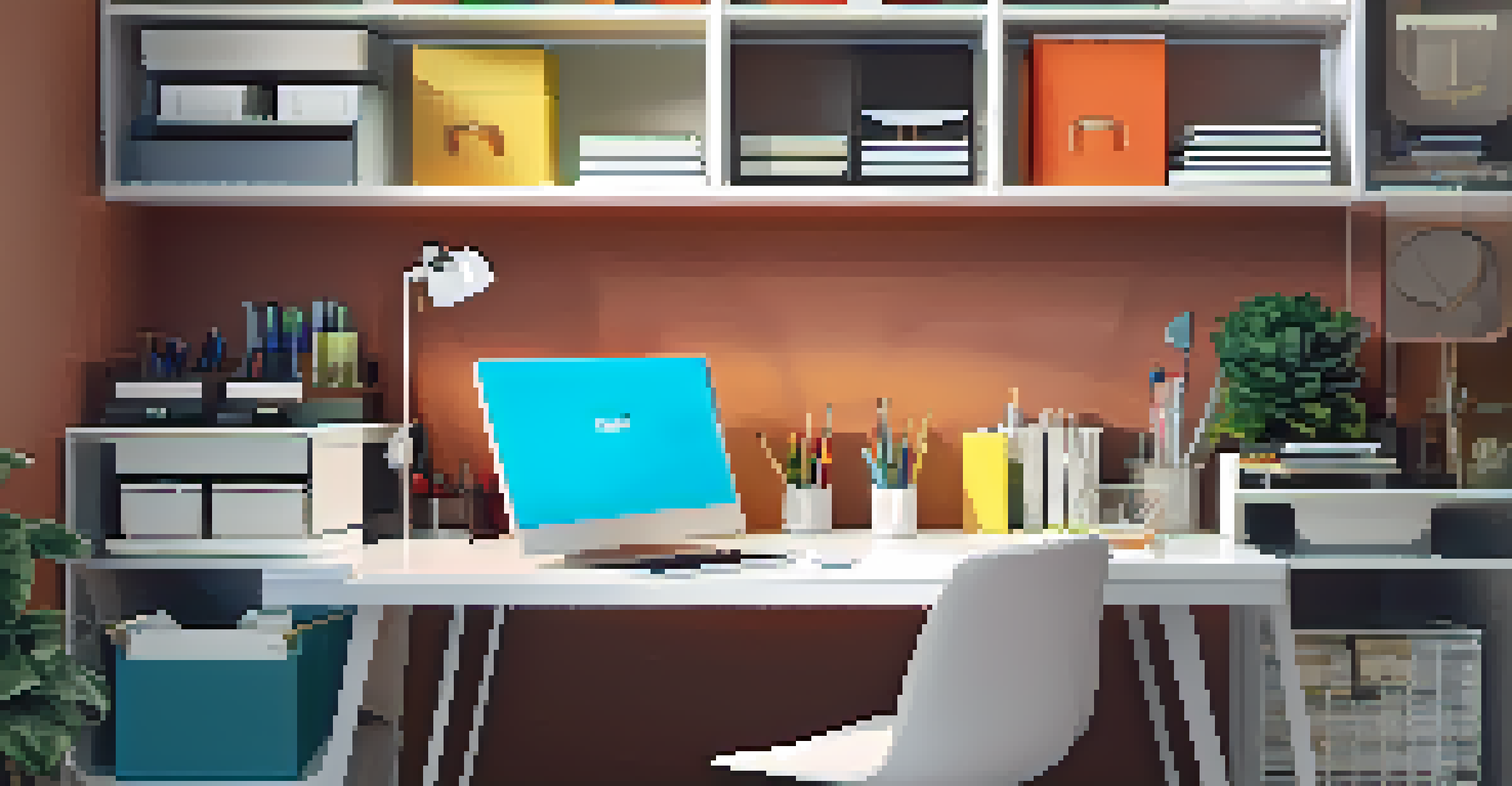 An inviting workspace with a multi-functional desk and clear storage bins filled with colorful supplies, creating an organized atmosphere.