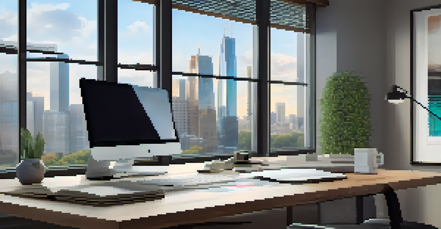 An office with a wooden desk, laptop, and real estate brochures, featuring a city skyline outside a large window.
