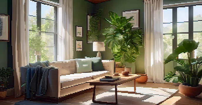 A cozy living room with sunlight shining through a window, showcasing a green indoor plant and comfortable furniture.