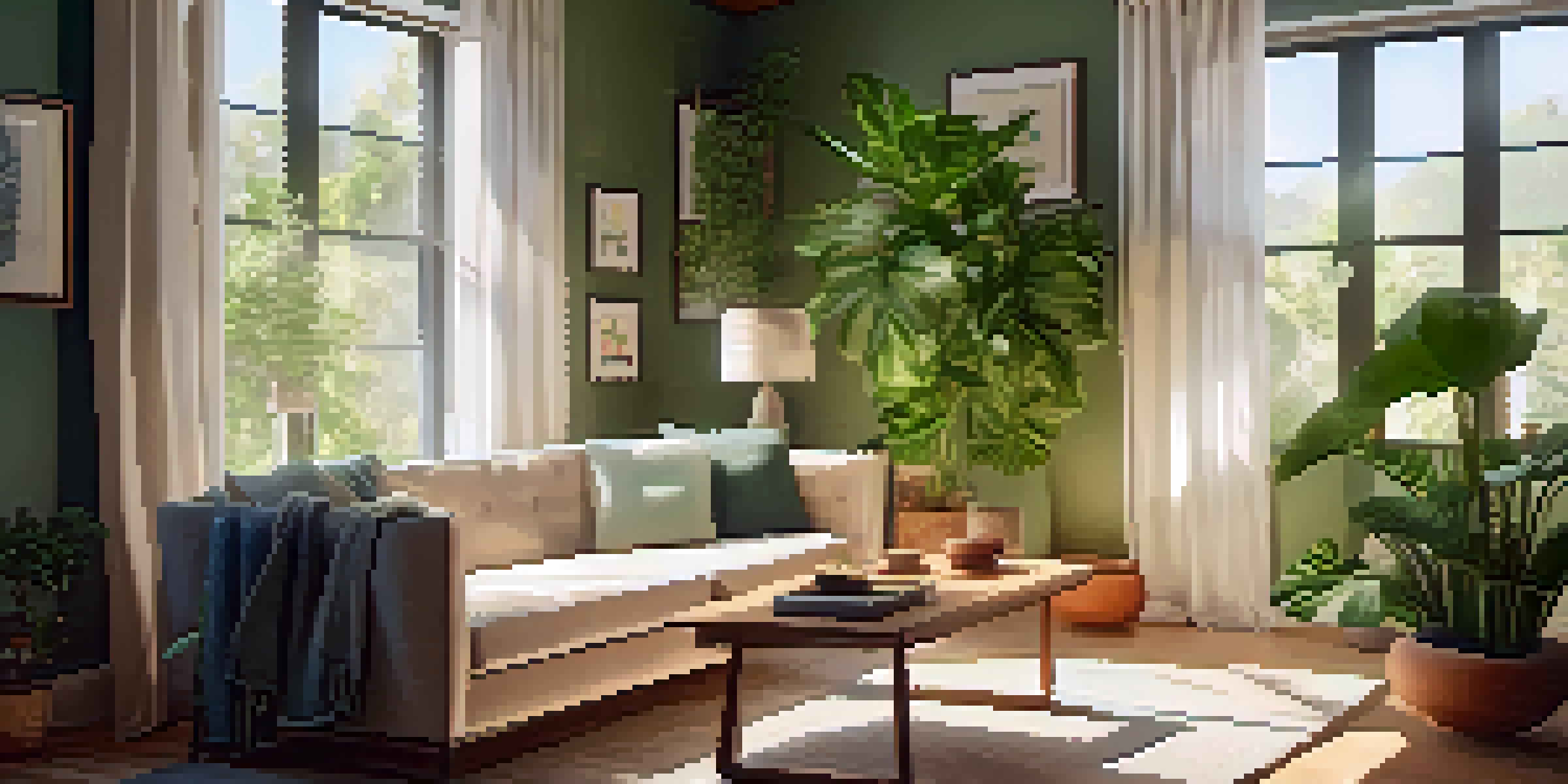 A cozy living room with sunlight shining through a window, showcasing a green indoor plant and comfortable furniture.