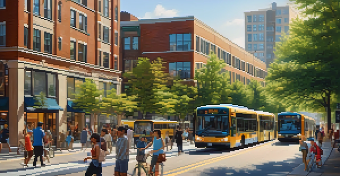 A lively urban scene with modern buildings, shops, and diverse people using public transportation and walking on sidewalks under warm sunlight.