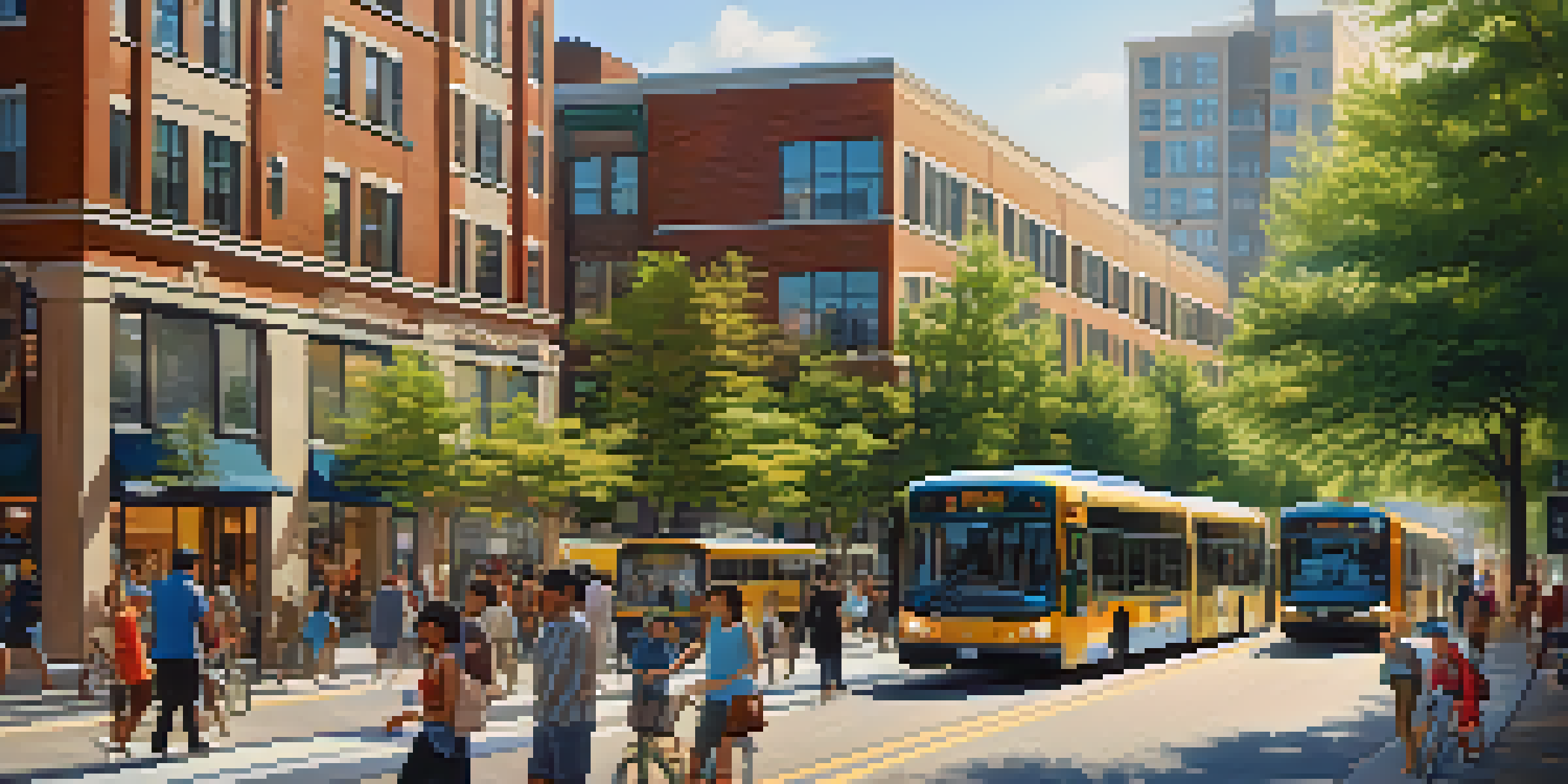 A lively urban scene with modern buildings, shops, and diverse people using public transportation and walking on sidewalks under warm sunlight.
