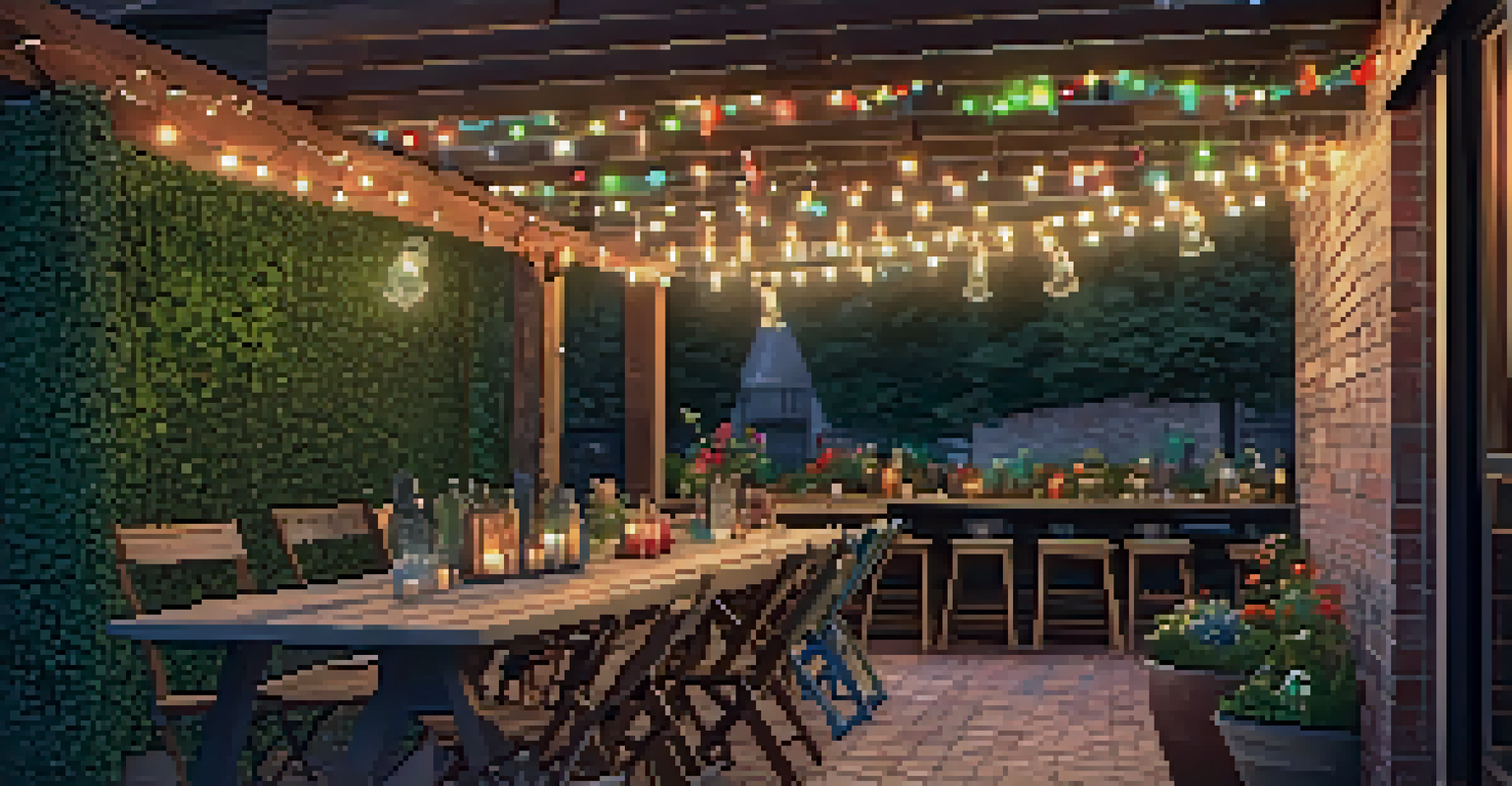 An outdoor patio with salvaged brick flooring and colorful recycled glass decorations, featuring a wooden table and fairy lights.